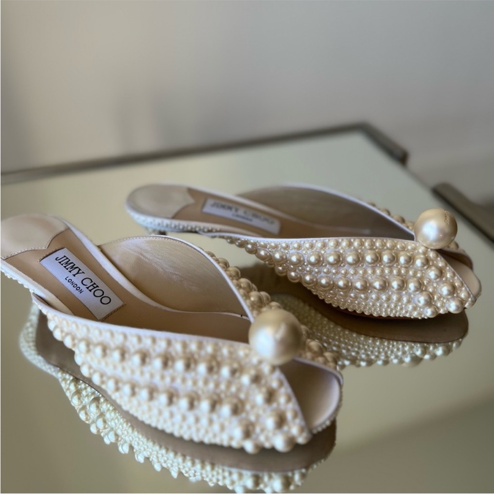 New JIMMY CHOO Samantha 35 White Satin Mules With All-Over Pearls 37 $1,895 - Picture 15 of 15